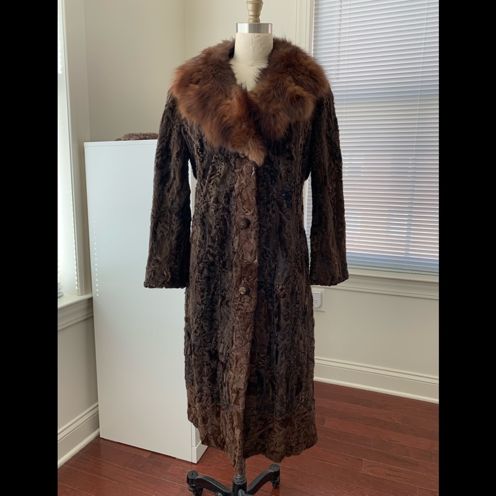 Broadtail lamb coat with fox fur collar (real fur)